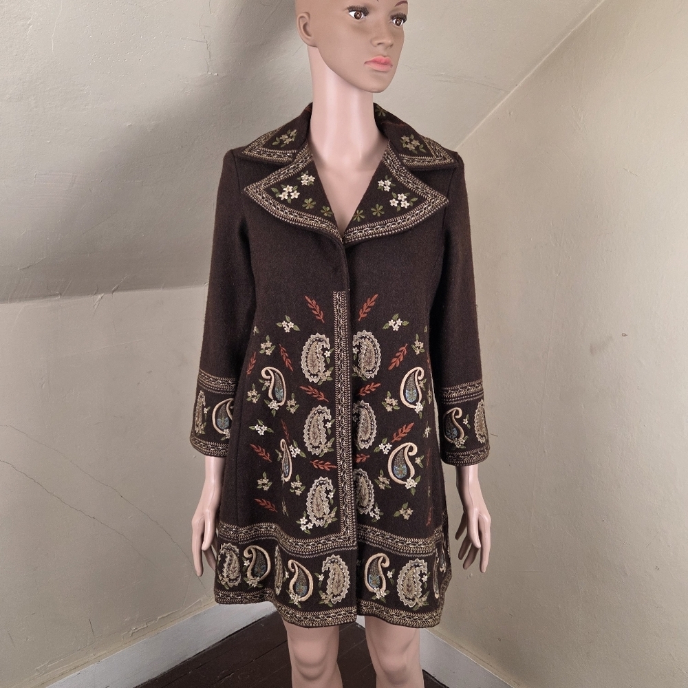 Meli Meli Wool Embroidered Coat Size 10 (run small) Brown Paisley Boho Jacket
